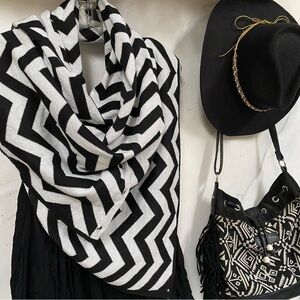 Chevron Black and White boho Poncho/scarf/body wrap w silver metallic sparkle